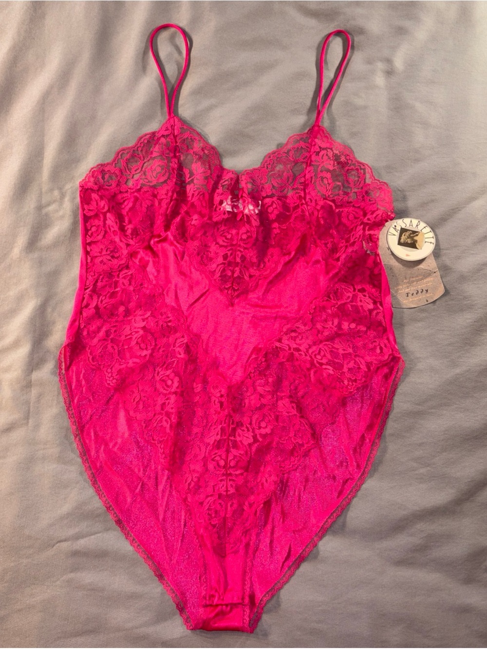 Vtg NWT Vassarette Floral Lace Teddy Bodysuit Lingerie Sz M Hot Pink Sexy Nighty